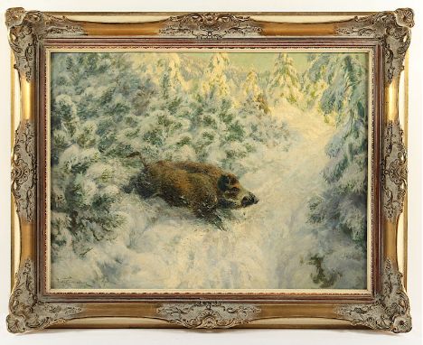 Buddenberg, Wilhelm (1890-1967), "Wildschwein in Winterlandschaft", Öl/Lwd., 60 x 80, unten links signiert, R. 