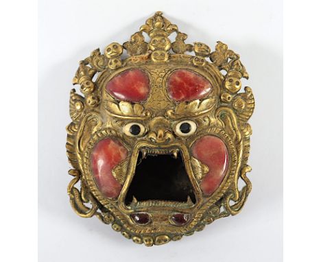 Maske, Kupferbronze, Steine, H 15, min.besch., Tibet 