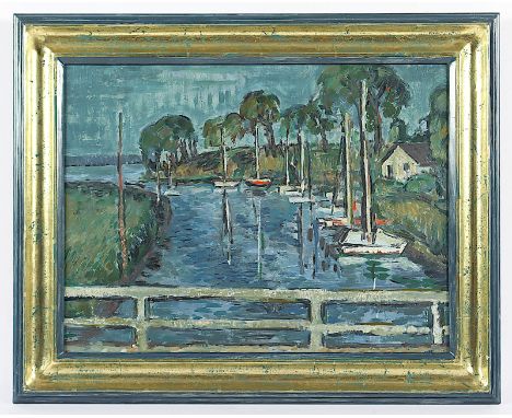 Becker, Dietrich (*1940), "Seglerhafen an der Schlei", Öl/Malkarton, 30 x 40, verso bez., R. 