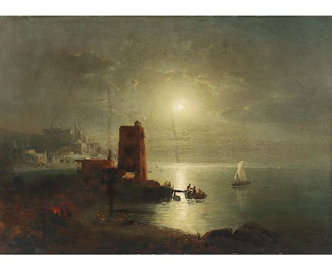 Franken, Paul von (1818-1884), "Mondscheinlandschaft mit Turm", Öl/Lwd., 55 x 75,5, rest. und besch. (maroufliert), unten rec