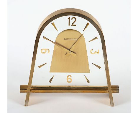 Tischuhr, Metall, Vergoldung stark berieben, Werk gangbar, H 16,5, Jaeger LeCoultre 