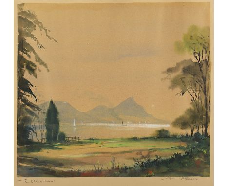 Meurer, Ernst (1884-1956), "Am Rhein mit Blick aufs Siebengebirge", Aquarell/Papier, 38 x 42, signiert, R. 