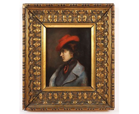 Monogrammist um 1900, "Portrait einer Frau mit Hut", Öl/Holz, 23 x 18,5, unten rechts monogrammiert "Mon."?, R. 