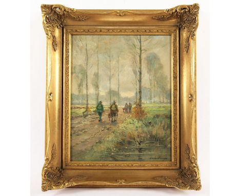 Weckauf, Heinrich (1885-1963), "Niederrheinische Landschaft mit Jägern", Öl/Hartfaser, 30 x 24, unten rechts signiert, R. 