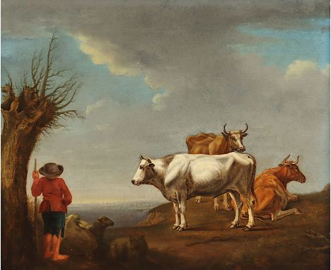 Maler um 1800, "Hirte mit Kühen", Öl/Holz, 35 x 43, rest., R. 