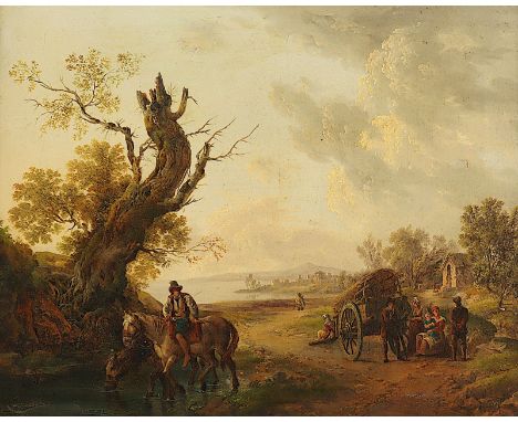 Maler A.19.Jh., "Landschaft mit Figuren", Öl/Lwd., 33 x 42, besch., R.  