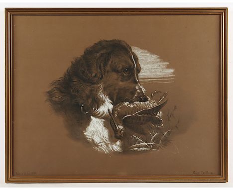 Prud'homme, Georges (Frankreich E.19.Jh.), "Jagdhund mit erlegter Schnepfe", Mischtechnik/Papier, 24 x 53, unten links datier