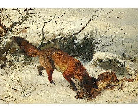 Deiker, Carl Friedrich (1836-1892), "Fuchs mit erlegtem Hasen", Öl/Holz, 20,5 x 29, unten links signiert, R. 