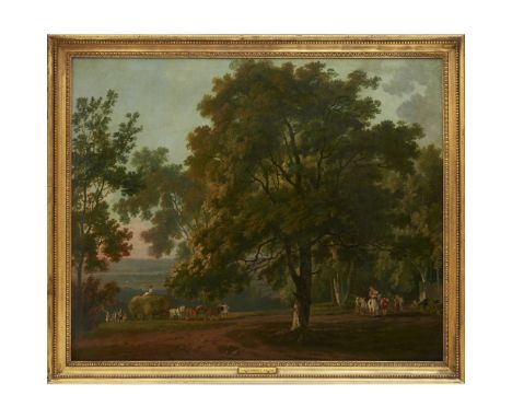 GEORGE BARRETT SENIOR R.A. (IRISH, 1730-1784)  WOODLAND LANDSCAPE WITH PEASANTS MAKING HAY   Oil on canvas  63.5cm x 76cm (25