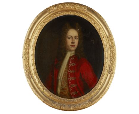 CIRCLE OF WILLIAM AIKMAN (SCOTTISH, 1682-1731)  PORTRAIT OF A GENTLEMAN IN A RED COAT   Oil on canvas, oval  74cmx 62cm (29in
