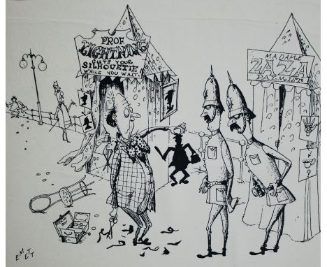 A Silhouette caricature by EMETT on card titled "Fortunately&nbsp; I was able to get his likeness before he ran away" H19cm ,