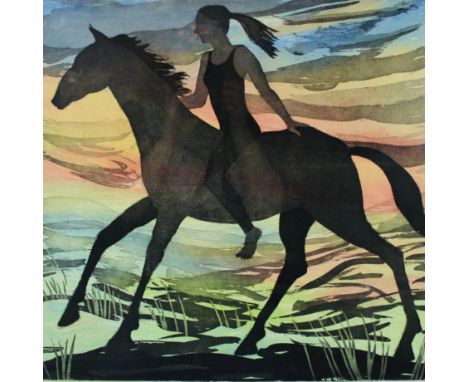 Sandra Millar   Racing The Dawn  Etching  Signed  Framed W74.5cm x H73cm Provenance : Private Collection  Note : Sandra Milla