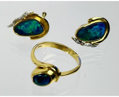 Pair of Boulder Opal and Diamond Earrings and a Ring, the earrings each set with a boulder opal with brilliant-cut diamond ac