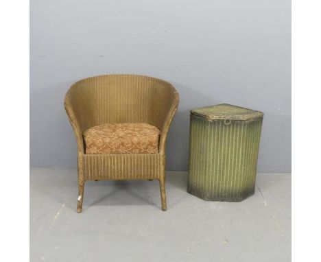 A vintage Lloyd Loom bedroom chair, and a Lloyd Loom corner laundry basket. (2)