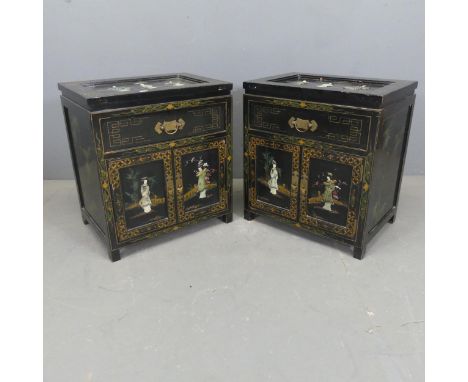 A pair of Korean black lacquered bedside cabinets, with hardstone and painted decoration. Width 51cm, height 56cm, depth 36cm