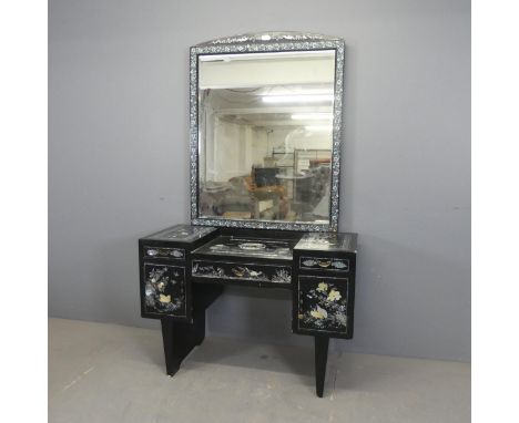 A Korean black lacquered dressing table, with raised mirror back, and hardstone and mother-of-pearl inlaid decoration. Overal