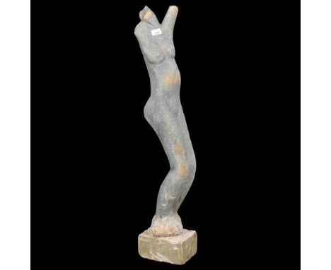 A hand carved green opal sculpture, study of a female nude on pedestal. Height 101cm.