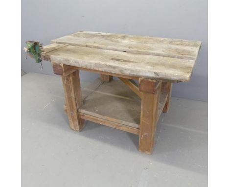 A vintage pine two-tier workbench, with fitted Fabrex vise. W122cm, H80cm, D81cm.