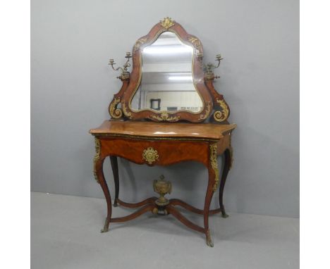 An antique French kingwood Louis XV style serpentine fronted dressing table, with raised mirrored back bearing Rococo style c