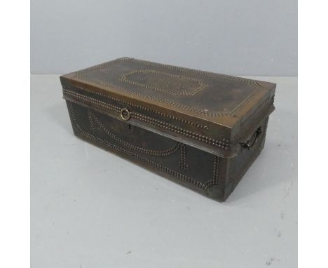 A 19th century studded leather covered camphor wood trunk with brass mounts, initialled J.D.W. Width 64cm, height 24cm, depth