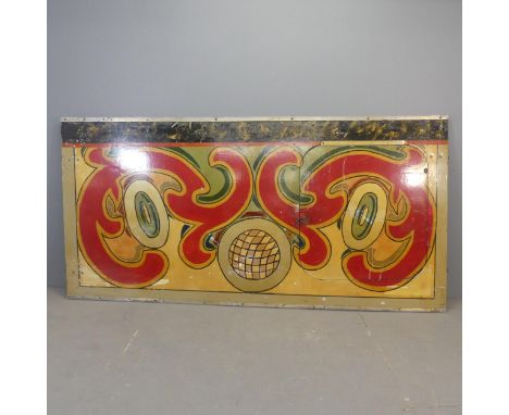 A vintage painted circus / fairground panel. Width 230cm, maximum height 118cm (tapers to 109cm high).