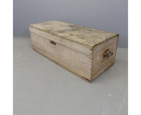 A vintage pine tool chest / blanket box. Width 108cm, height 38cm, depth 45cm.