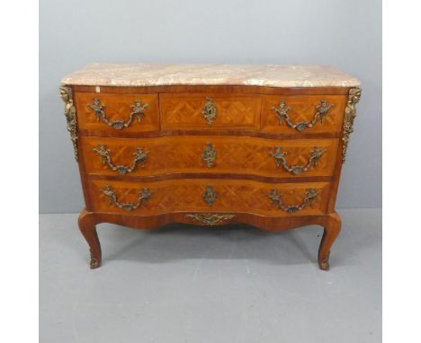 A French marble topped and walnut parquetry veneered Louis XV style commode of shaped form, with figural and rococo brass mou