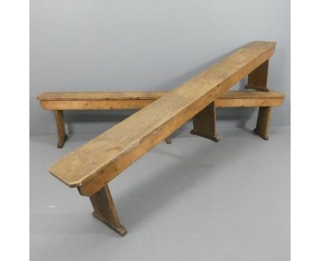 A pair of vintage pine benches. Length 250cm, height 51cm, width 25cm.