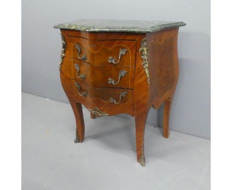 A French kingwood and walnut veneered oak and marble-topped bombe commode chest of three drawers, with inlaid chequer banding