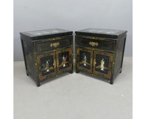 A pair of Korean black lacquered bedside cabinets, with hardstone and painted decoration. Width 51cm, height 56cm, depth 36cm