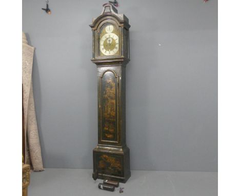 A George III Chinoiserie decorated mahogany cased 8-day longcase clock, with later 12" brass and enamel arch-top dial, pendul