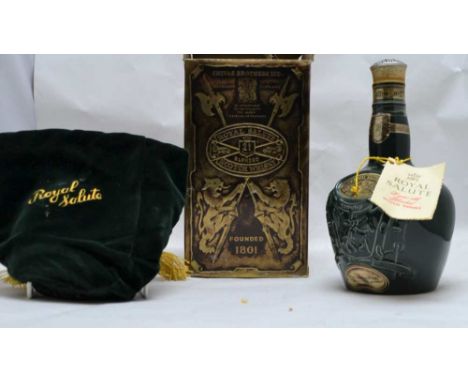 CHIVAS ROYAL SALUTE Blended Scotch Whisky, aged 21 years, 70% proof, 26 2/3 fl.oz. in ceramic flask, green velvet bag and ori