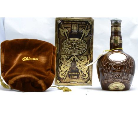 CHIVAS ROYAL SALUTE Blended Scotch Whisky, aged 21 years, 70% proof, 26 2/3 fl.oz. in ceramic flask, brown velvet bag and ori