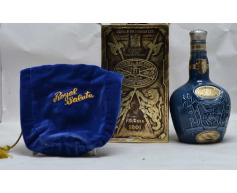 CHIVAS ROYAL SALUTE Blended Scotch Whisky, aged 21 years, 70% proof, 26 2/3 fl.oz. in ceramic flask, blue velvet bag and orig