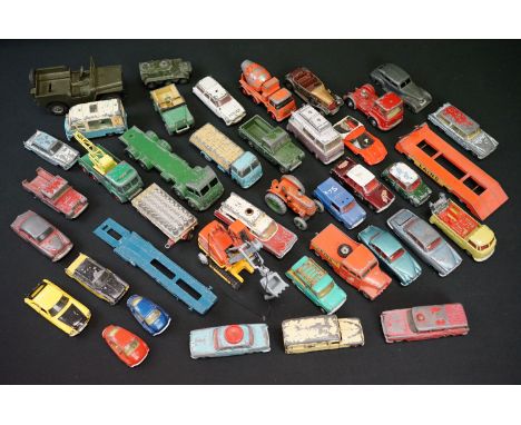 Around 38 mid 20th C play worn diecast models to include Corgi, Dinky and Matchbox, features road, commercials and military e