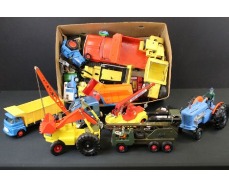 18 diecast, tin plate, plastic &amp; wooden models to include Tonka, Triang, Steiff and Strenco examples, featuring agricultu