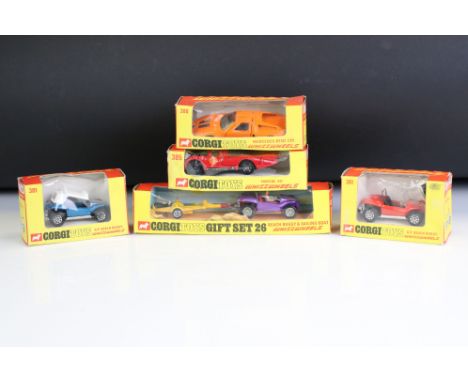 Five boxed Corgi Whizzwheels diecast models to include 381 GP Beach Buggy in blue, 388 Mercedes Benz C111 in orange, 381 GP B