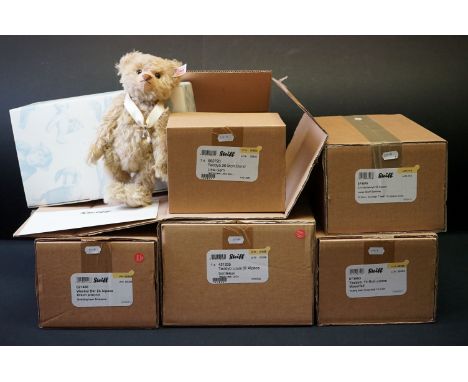 Five boxed Steiff teddy bears to include 674976 St Sum Cylinder Teddy bear 18 alpaca white, 421235 Teddy Bear Louis 37 Alpaca