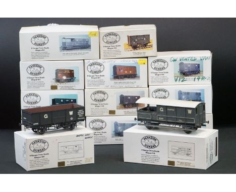 13 Boxed &amp; built Parkside Dundas O gauge kit built items of rolling stock, all appear to be well made, boxes with writing