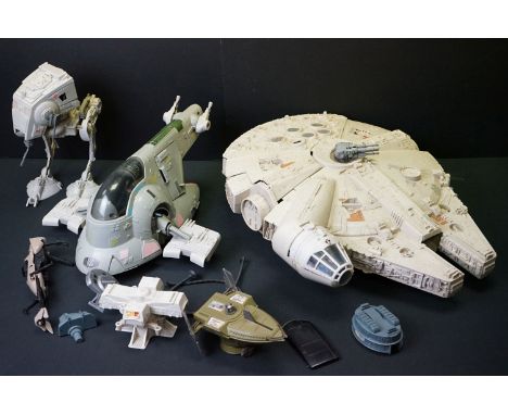 Star Wars - Four original play worn Star Wars vehicles to include Millennium Falcon (Light Barrier Ball, Rod, and String), Sc