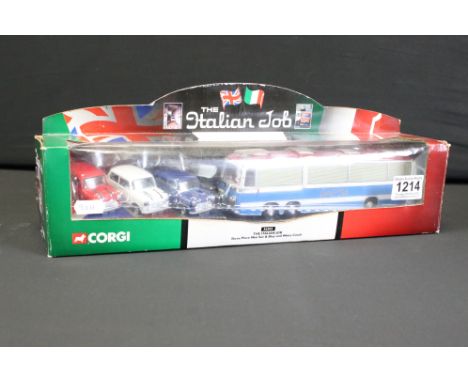 Boxed Corgi 36502 The Italian Job Three Piece Mini Set &amp; Blue and White Coach, diecast ex, box fair 