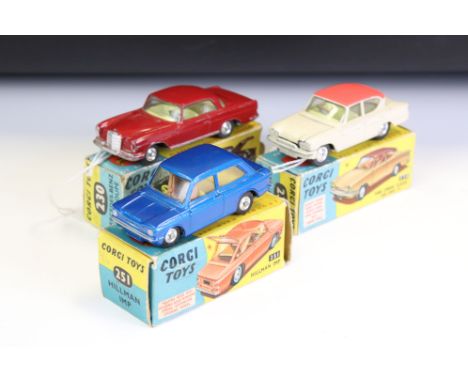 Three boxed Corgi diecast models to include 234 Ford Consul Classic in cream with pink roof, 230 Mercedes Benz 220 SE Coupe i