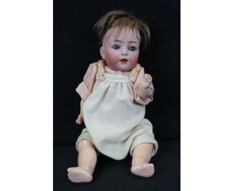 Franz Schmidt FS&amp;C Germany bisque head doll, sleeping blue glass eyes, teeth, original hair, marked 1295 to back of head,