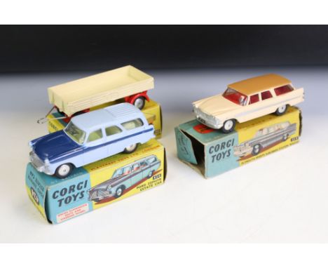 Three boxed Corgi diecast models to include 424 Ford Zephyr Estate Car in two tone blue, 219 Plymouth Sports Suburban Station