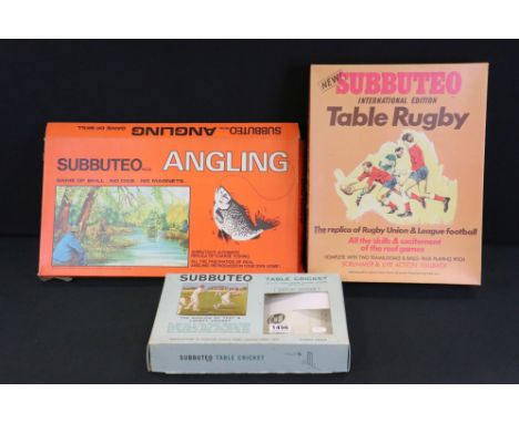 Three boxed Subbuteo sets to include Table Rugby (both player sets complete), Angling and Cricket (player sets complete) 