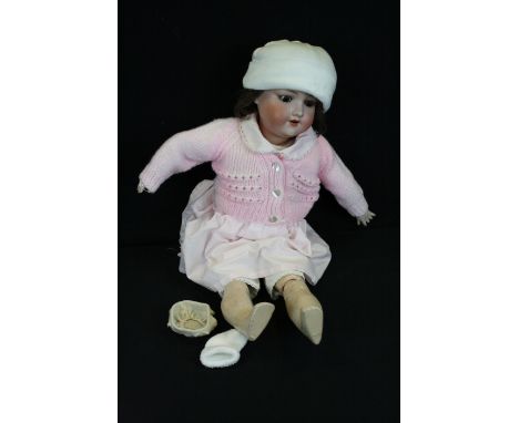 Early 20th C Armand Marseille Germany bisque headed doll, sleeping glass eyes, teeth, damage to a finger otherwise gd limbs, 