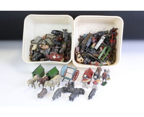 Around 90 Mid 20th C play worn metal figures to include Britains and Johillco, featuring Snow White dwarves, Cadbury Cococubs