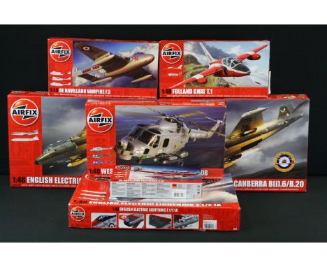 Seven Boxed &amp; unbuilt Airfix 1:48 scale plastic model aeroplane kits to include A05123 Folland Gnat T.1, A06107 De Havill