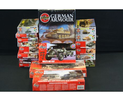 20 Boxed &amp; unbuilt Airfix military vehicle plastic model kits, 1:72 to 1:76 scale, to include A02339 Willys MB Jeep, A023