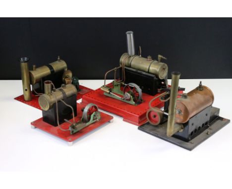 Live Steam - Four steam plants to include a Mamod example with brass boiler (16cm long), powering a twin cylinder horizontal 